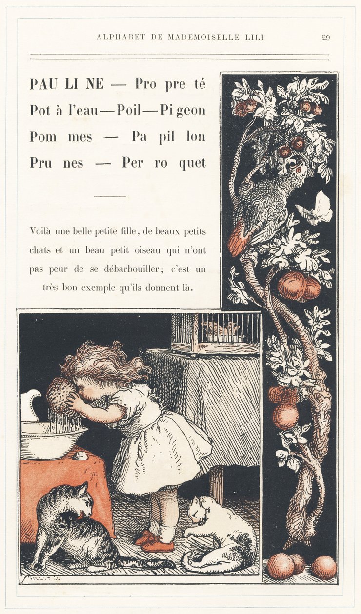Pauline, Clean, Water Pot, Hair, Pigeon, Apples, Butterfly, Plums, Parrot, strona 29 - Alphabet by Mademoiselle Lili, by L. Froelich and by a dad (Hetzel himself). Bibliotheque  Magasin d