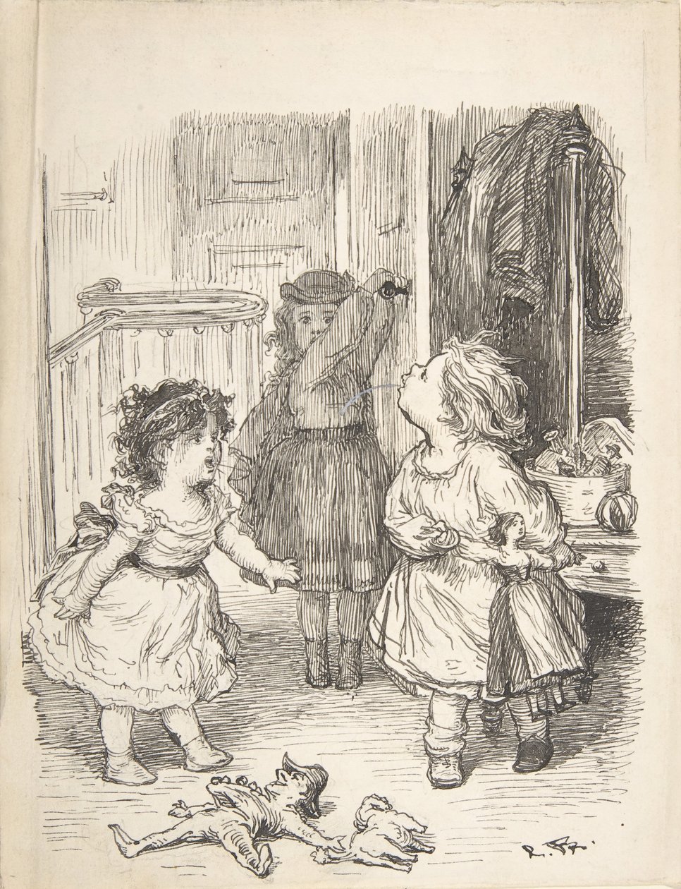Trzy małe dziewczynki w pokoju kłócą się i plują, 1835-1903. autorstwa Lorenz Frølich