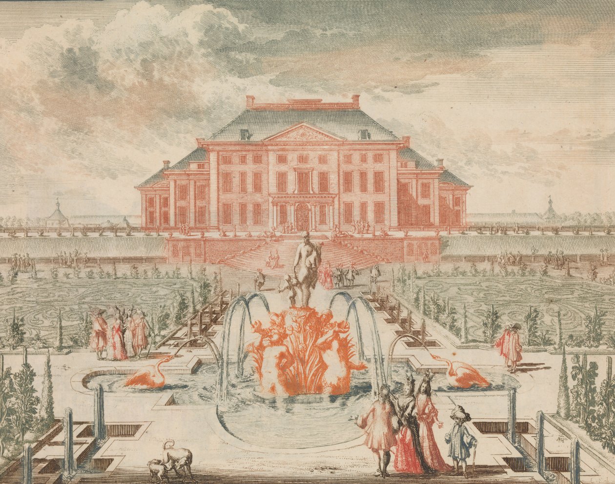 Konings Huis van de Tuin-zyde, z Fontanną Wenus, w: Tooneel Der Voornaamste N..., n.d.. autorstwa Lorenz Scherm