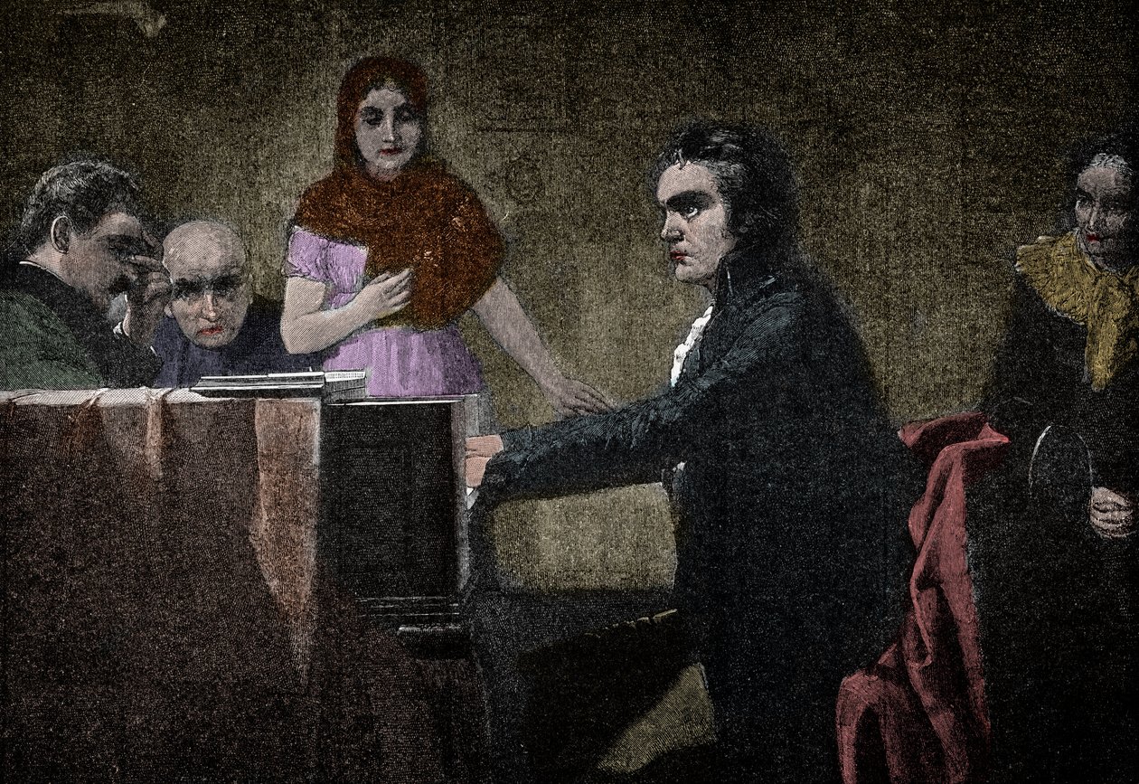 Ludwig van Beethoven gra Sonatę Moonlight - rycina wg Lorenza Vogla - Ludwig van Beethoven (1770-1827), niemiecki muzyk grający sonatę UT-moll (Moonlight - Moonlight) według obrazu Lorenza Vogla (1846-1902) autorstwa Lorenz Vogel