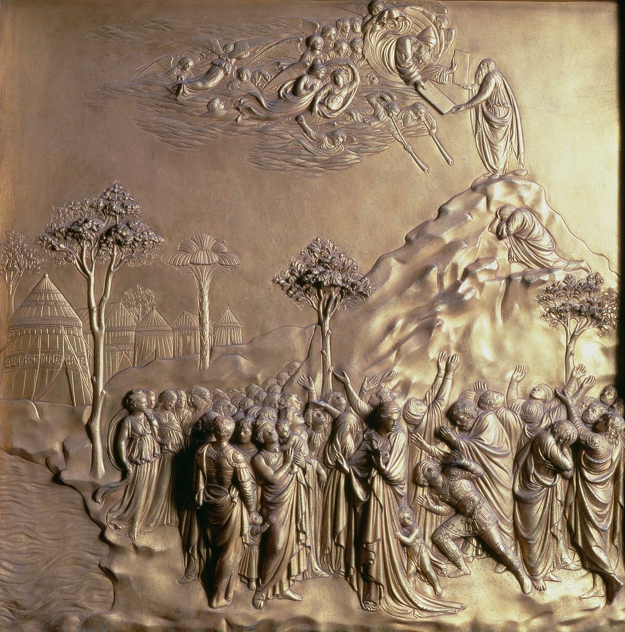Mojżesz otrzymuje Tablice Prawa, jedną z dziesięciu płaskorzeźb z Bram Raju (drzwi wschodnie), 1425-52 (brąz pozłacany) (zob. też 87652-57 i 87659-67) autorstwa Lorenzo Ghiberti