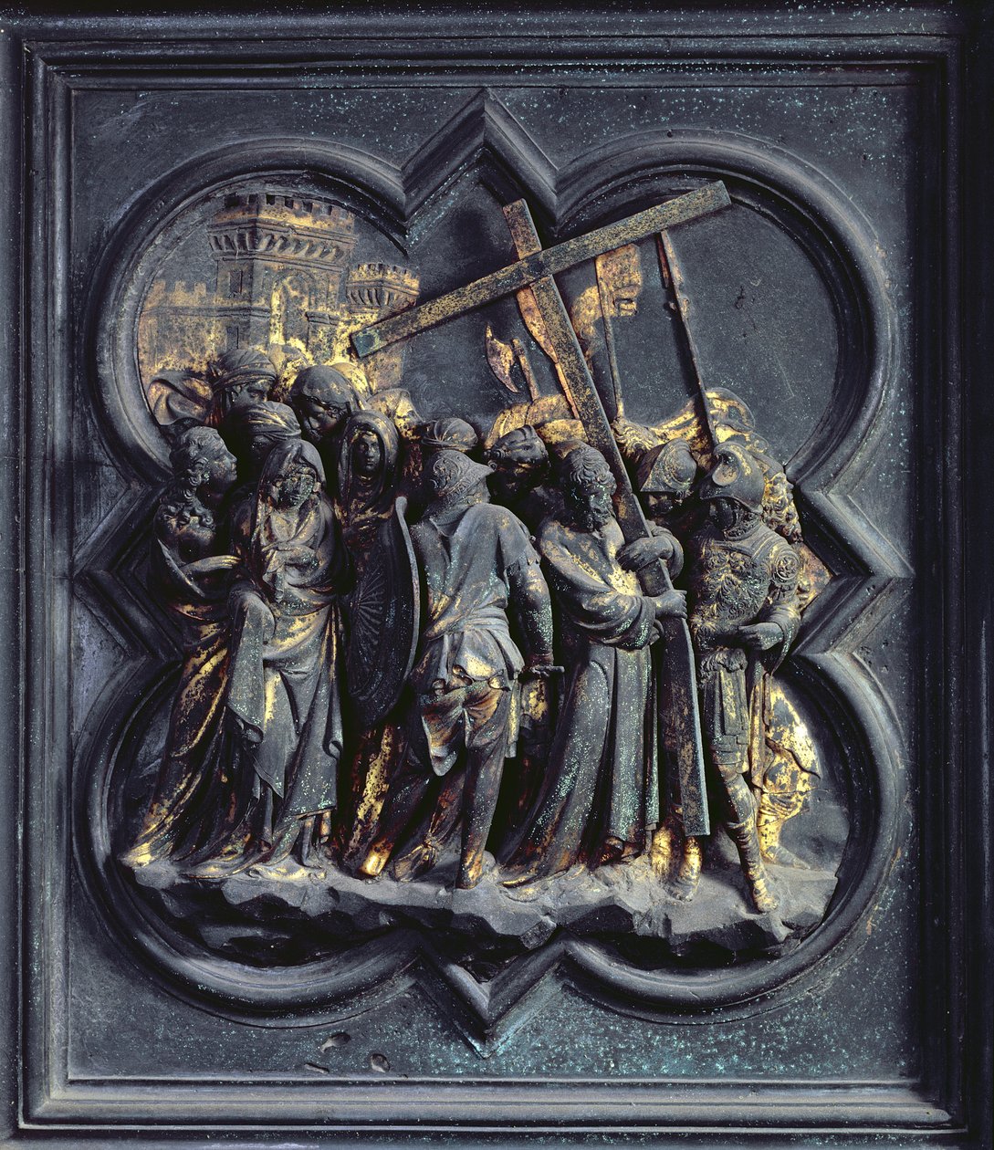 Wniebowstąpienie Chrystusa na Kalwarię, siedemnasty panel północnych drzwi baptysterium San Giovanni, 1403-24 (brąz) autorstwa Lorenzo Ghiberti