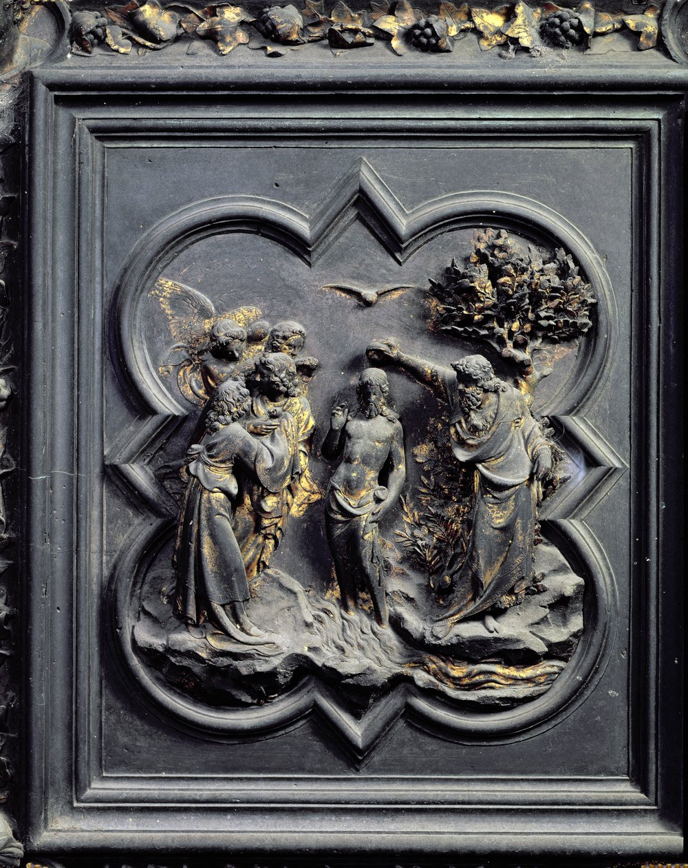 Chrzest Chrystusa, piąty panel drzwi północnych baptysterium San Giovanni, 1403-24 (brąz) autorstwa Lorenzo Ghiberti