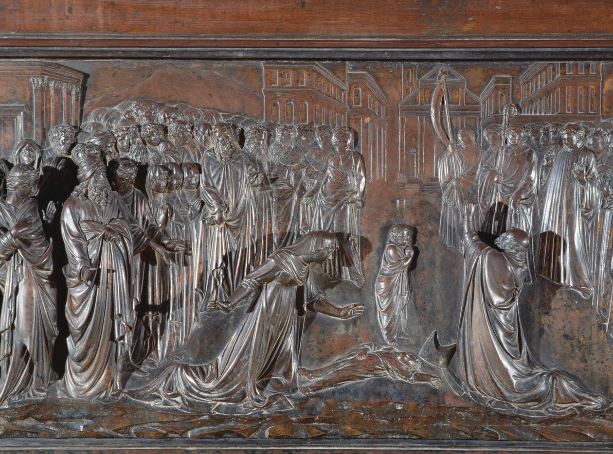 Sanktuarium św. Zenobiusza, wskrzeszenie zmarłego dziecka, ok. 1432-42 detal z brązu z 97641 autorstwa Lorenzo Ghiberti