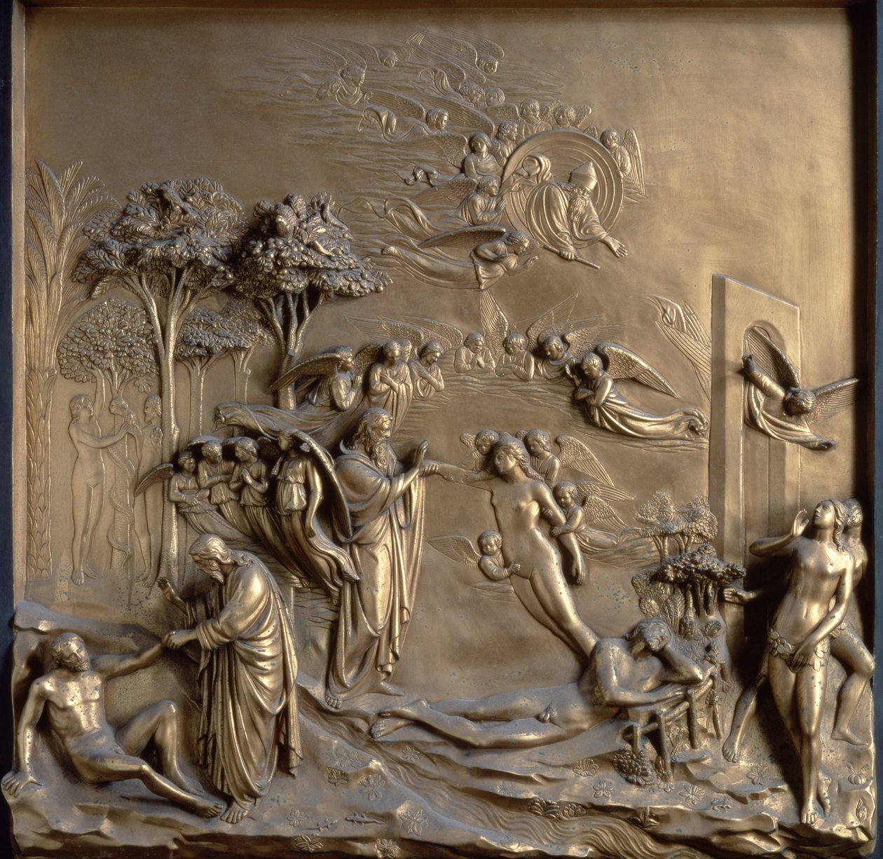 Historia Adama: stworzenie Adama i Ewy, kuszenie i wygnanie z ogrodu, jedna z dziesięciu płaskorzeźb z Bram Raju (drzwi wschodnie) autorstwa Lorenzo Ghiberti (1378-1455) 1425 autorstwa Lorenzo Ghiberti