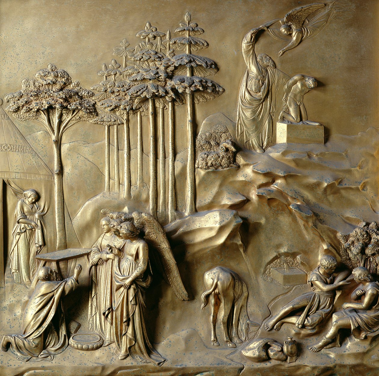 Historia Izaaka: Aniołowie prorokują narodziny Izaaka i anioła trzymającego miecz Abrahama, jeden z dziesięciu reliefowych paneli z Bram Raju (wschodnie drzwi), 1425-52 (z pozłacanego brązu) (zob. także 87652-54 autorstwa Lorenzo Ghiberti