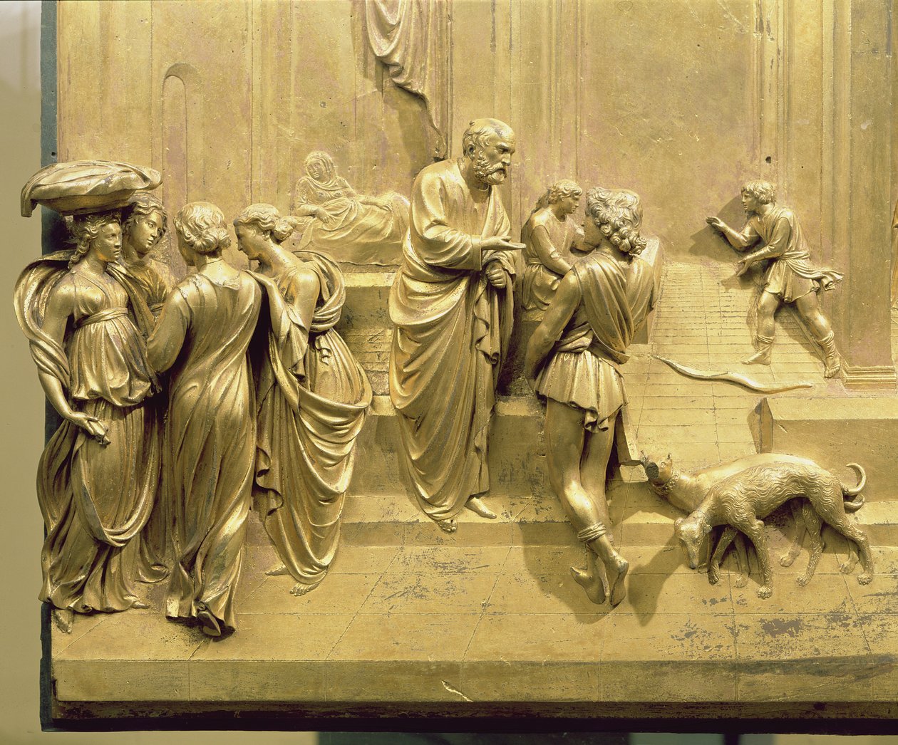 Opowieść o Jakubie i Ezawie, detal z oryginalnego panelu na wschodnich drzwiach baptysterium, 1425-52 (brąz złocony) (po renowacji) autorstwa Lorenzo Ghiberti
