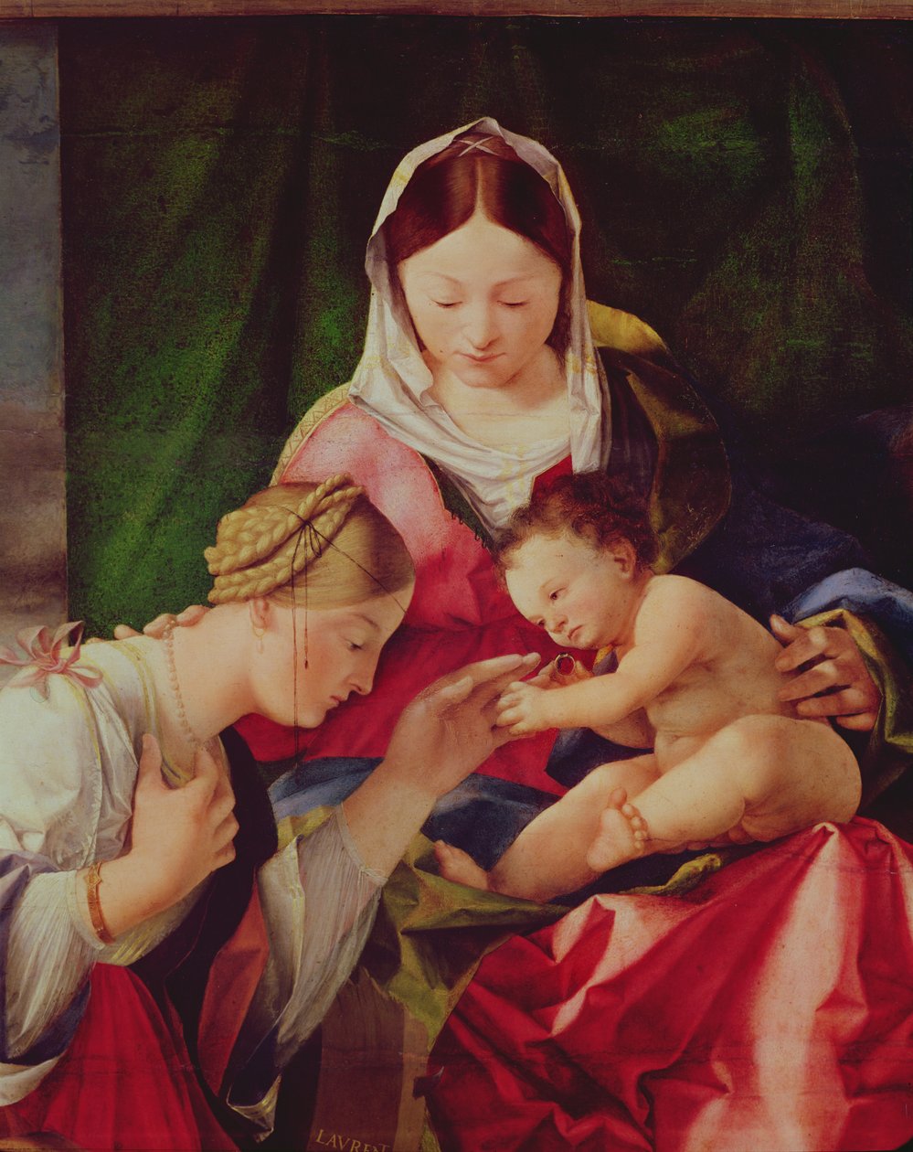 Fragment oleju „Mistyczne małżeństwo św. Katarzyny” na panelu autorstwa Lorenzo Lotto