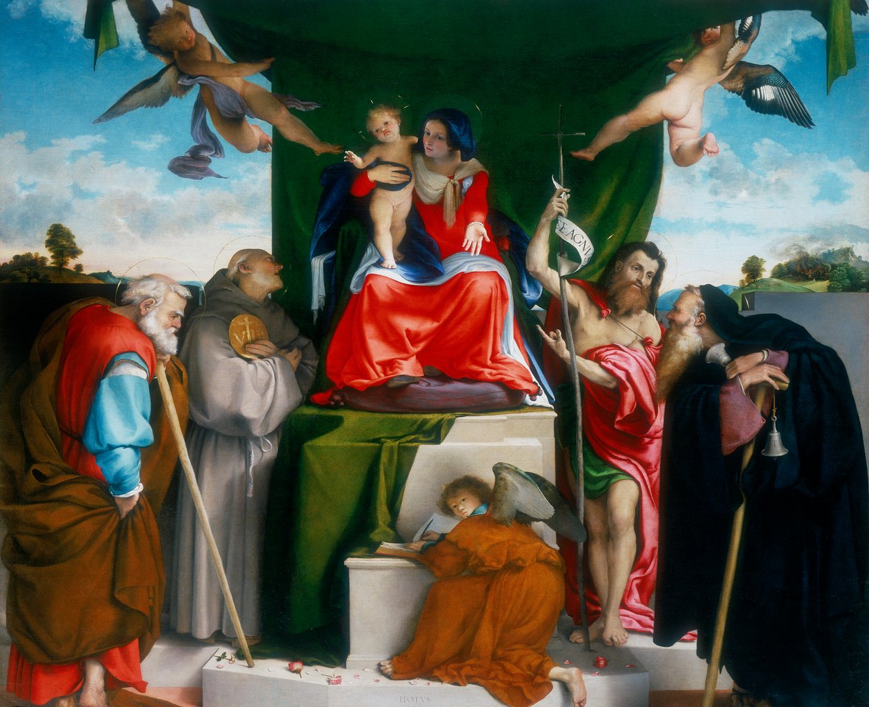 Madonna z Dzieciątkiem na tronie z aniołami i świętymi, 1521 autorstwa Lorenzo Lotto