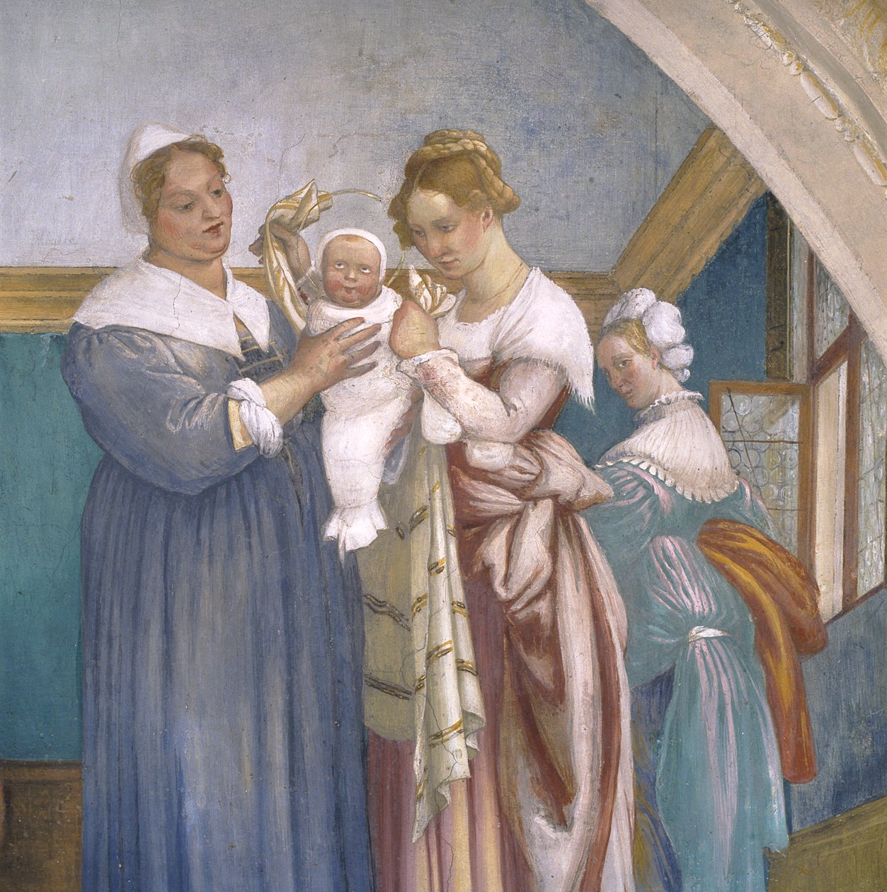 Narodzenia NMP, luneta z Kaplicy Lotto, 1525 autorstwa Lorenzo Lotto