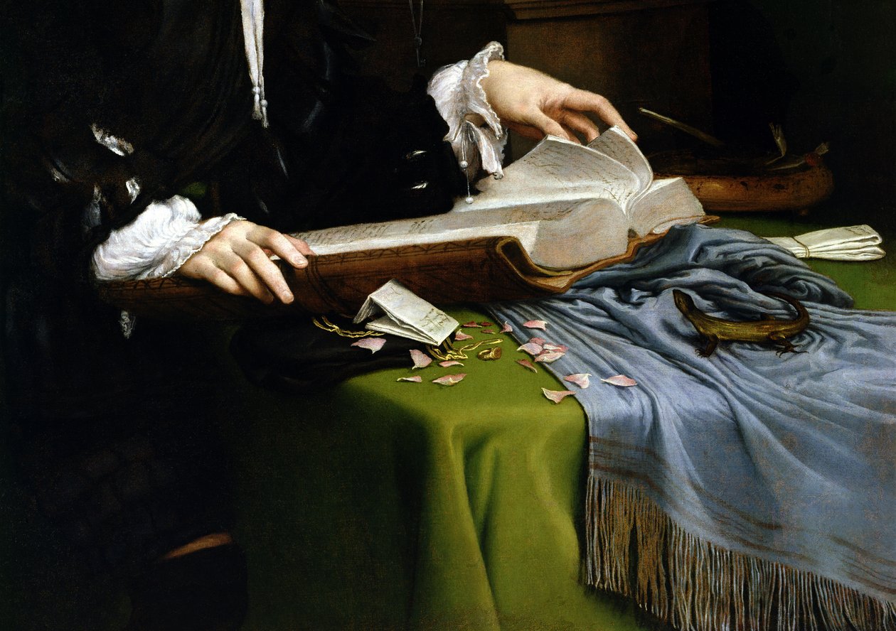 Portret dżentelmena w gabinecie, 1528-30 (szczegół) (po renowacji) autorstwa Lorenzo Lotto