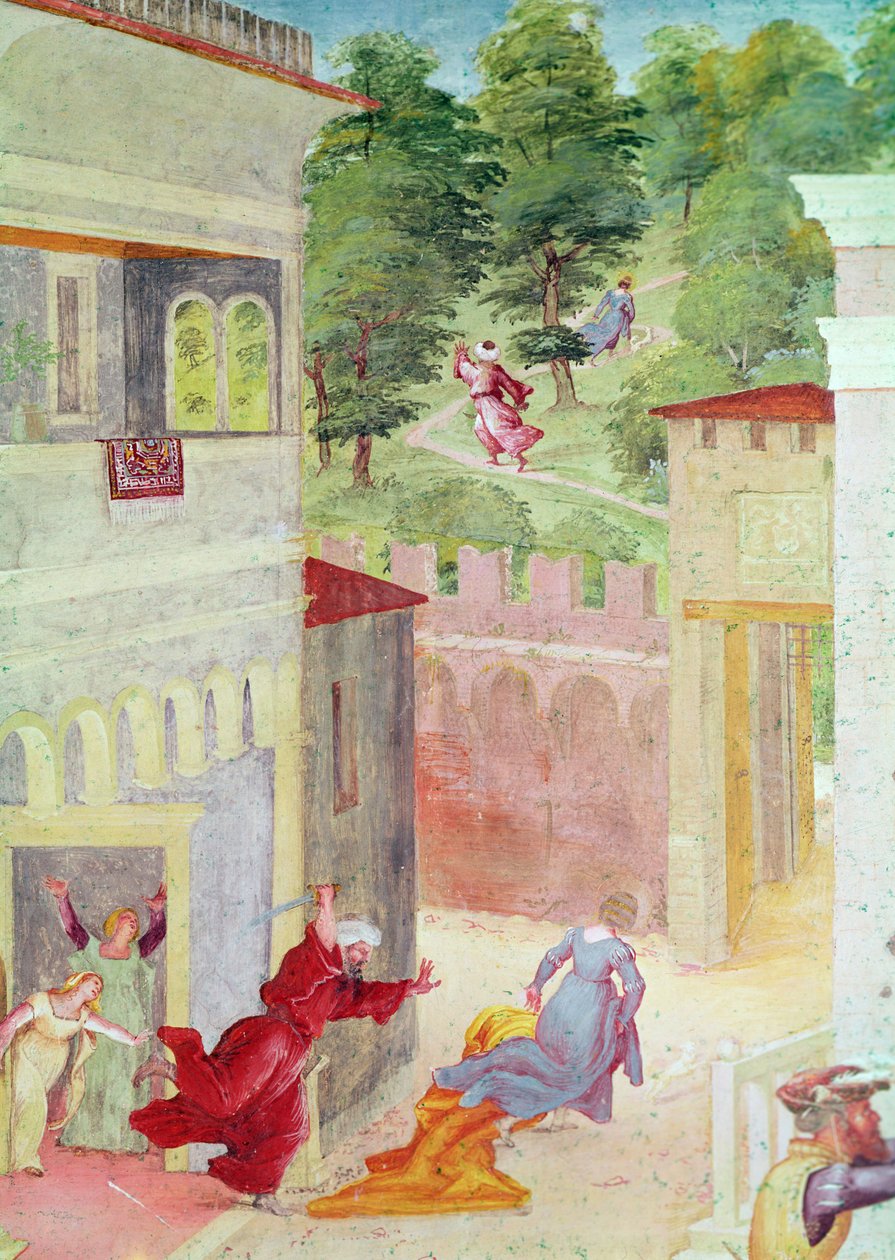 Sceny z życia św. Barbary, szczegół przedstawiający św. Barbarę zastraszaną przez ojca, ok. 1523-24 autorstwa Lorenzo Lotto