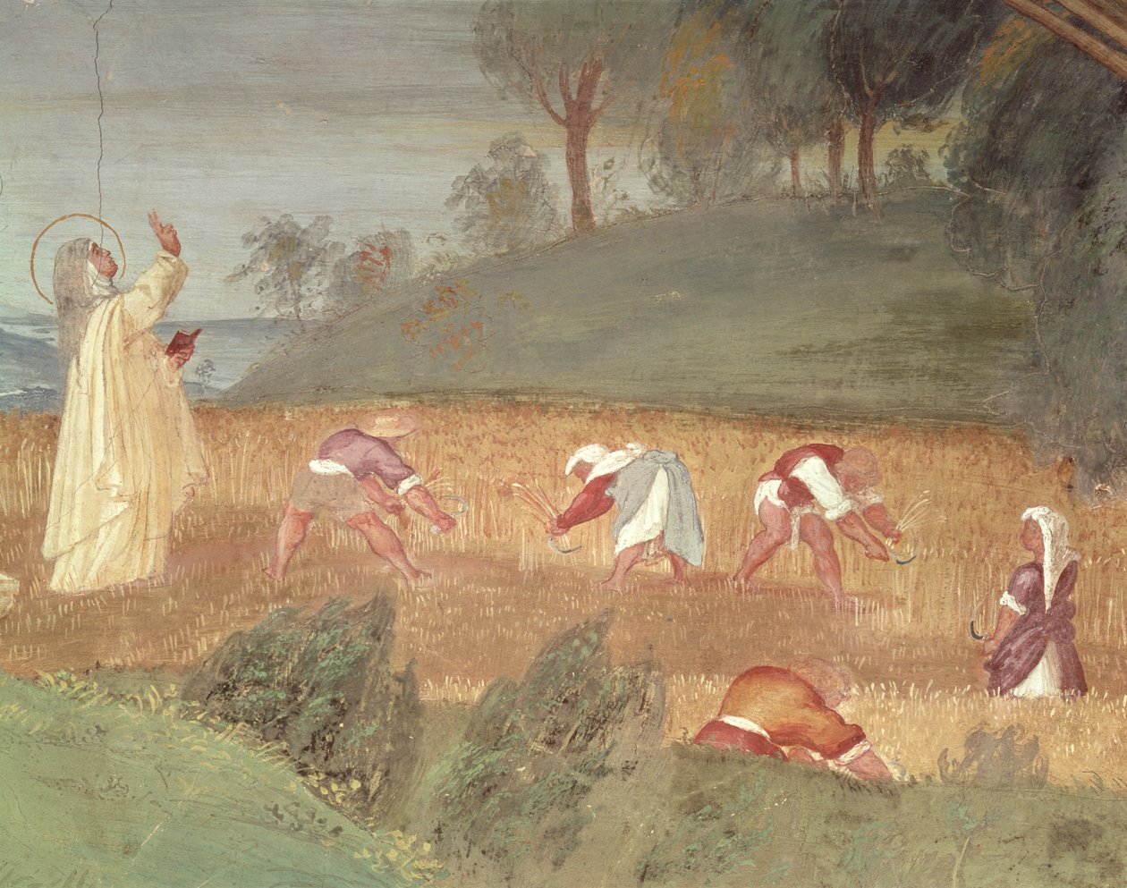 Cuda św. Klary z Asyżu, detal przedstawiający św. Klarę błogosławiącą żniwa, 1523-24 autorstwa Lorenzo Lotto