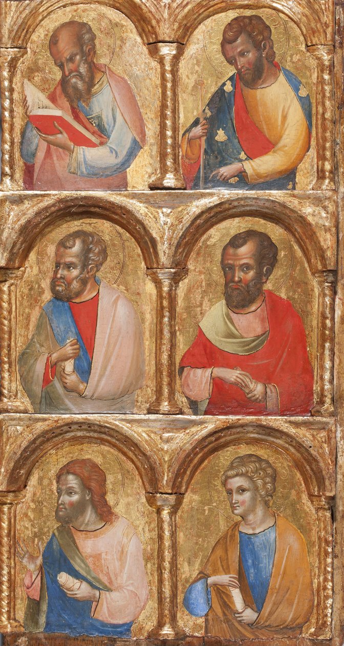 Szczegół Madonny z Dzieciątkiem z Aniołami, Ukrzyżowaniem i Dwunastu Apostołów lub Świętych, ok. 1360, tempera na desce autorstwa Lorenzo Veneziano