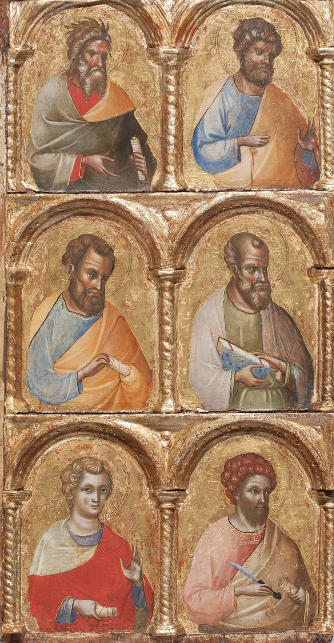 Detal Madonny z Dzieciątkiem i Aniołami, Ukrzyżowanie i Dwunastu Apostołów lub Świętych, ok. 1360, tempera na płycie autorstwa Lorenzo Veneziano