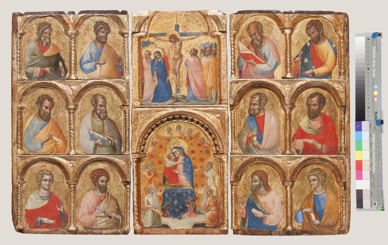 Madonna z Dzieciątkiem i Aniołami, Ukrzyżowanie i Dwunastu Apostołów lub Świętych, ok. 1360, tempera na płycie autorstwa Lorenzo Veneziano