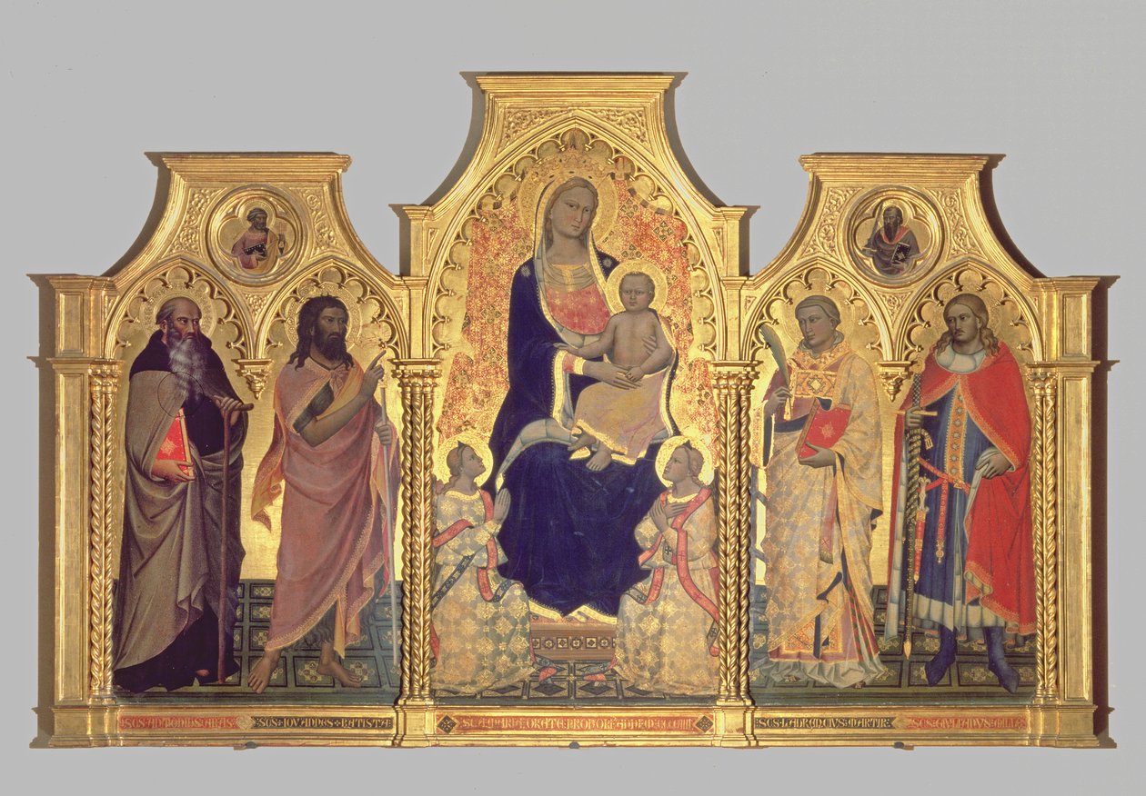 Madonna z Dzieciątkiem ze św. Antonim Opatem, św. Janem Chrzcicielem, św. Wawrzyńcem i św. Julianem, 1404 (tempera na panelu) autorstwa Lorenzo di Niccolo Gerini