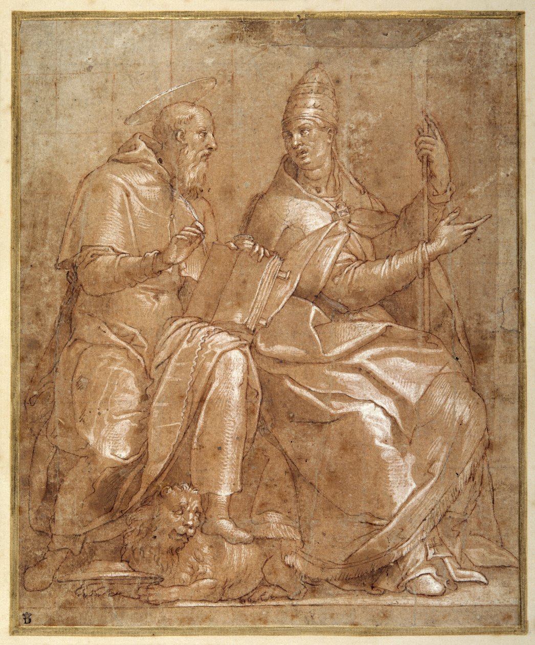Św. Hieronim rozmawiający ze Św. Grzegorzem Wielkim (pióro i brązowy atrament z czerwonawo-brązowym rozmyciem i wyostrzeniem) autorstwa Lorenzo (c.1530 76) Sabatini
