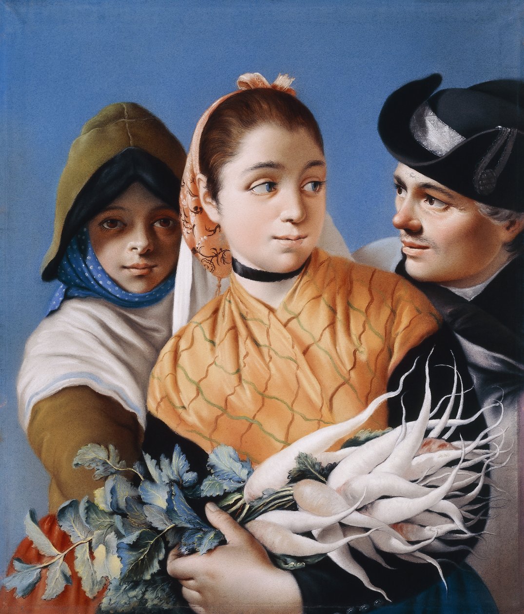 Dziewczyna w pomarańczowym szalu trzymająca rzepę, Dziewczyna w zielonym czepku i sukience oraz dżentelmen w czarnym kapeluszu Tricorn, autorstwa Lorenzo Baldissera Tiepolo