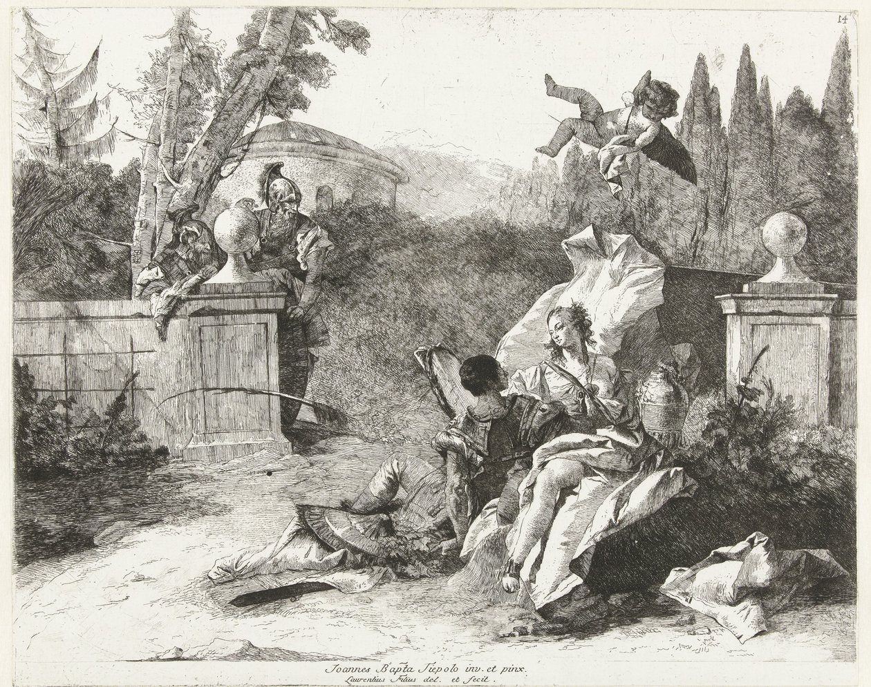 Rinaldo i Armida są szpiegowani przez Ubaldo i Carlo autorstwa Lorenzo Baldissera Tiepolo