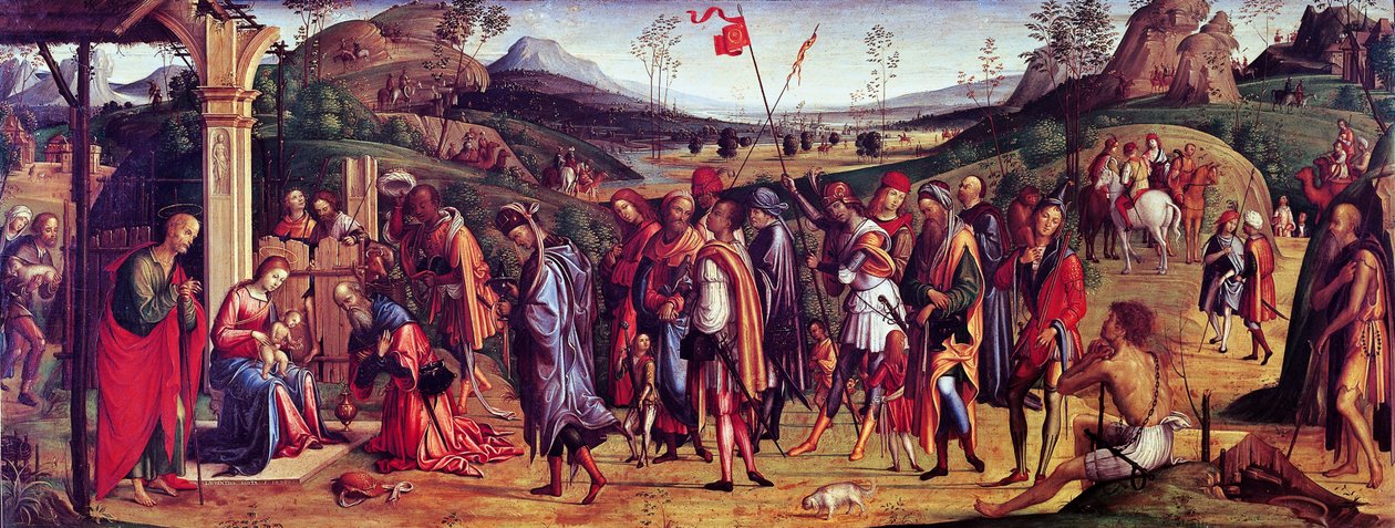 Adoracja Trzech Króli – Lorenzo Costa (1460-1535), olej na płótnie, 75x181 cm autorstwa Lorenzo Costa