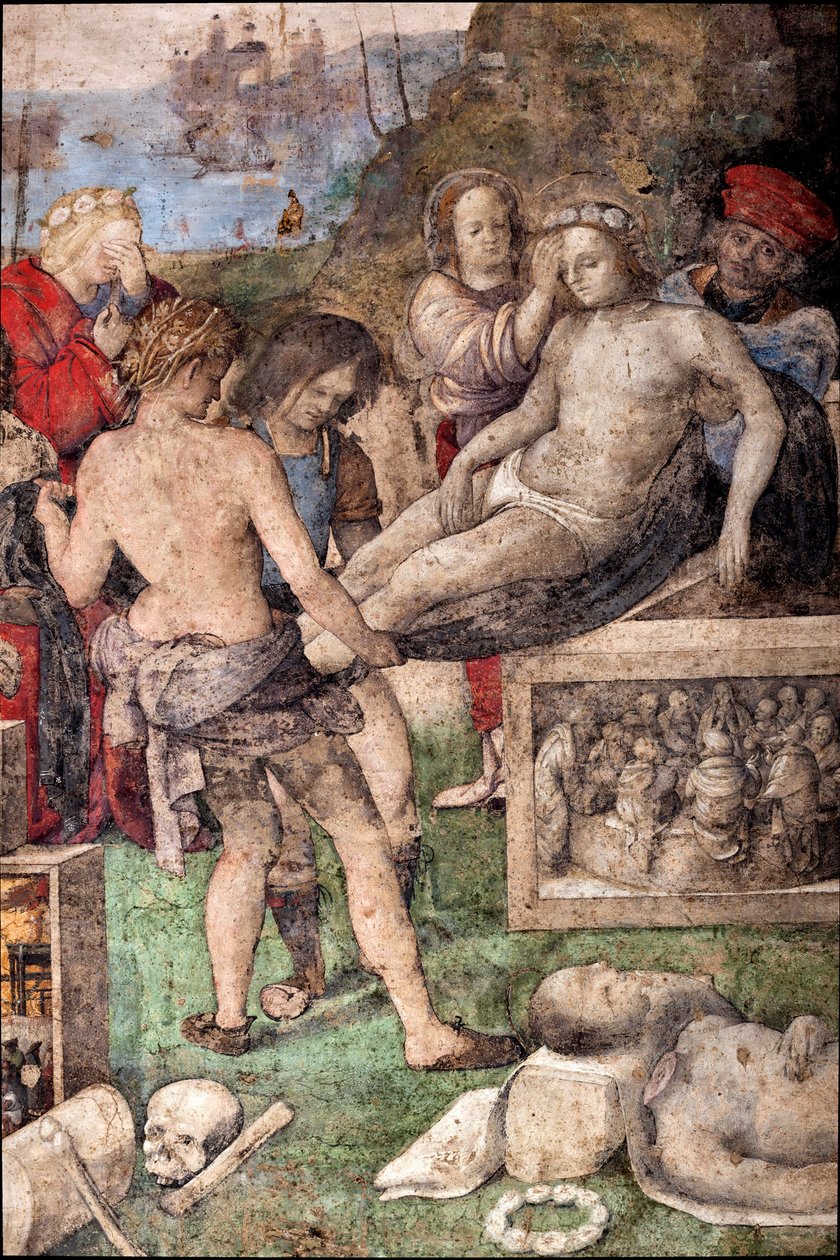 Życie św. Cecylii: Pogrzeb św. Waleriana i św. Tyburcjusza, fragment (fresk) autorstwa Lorenzo Costa