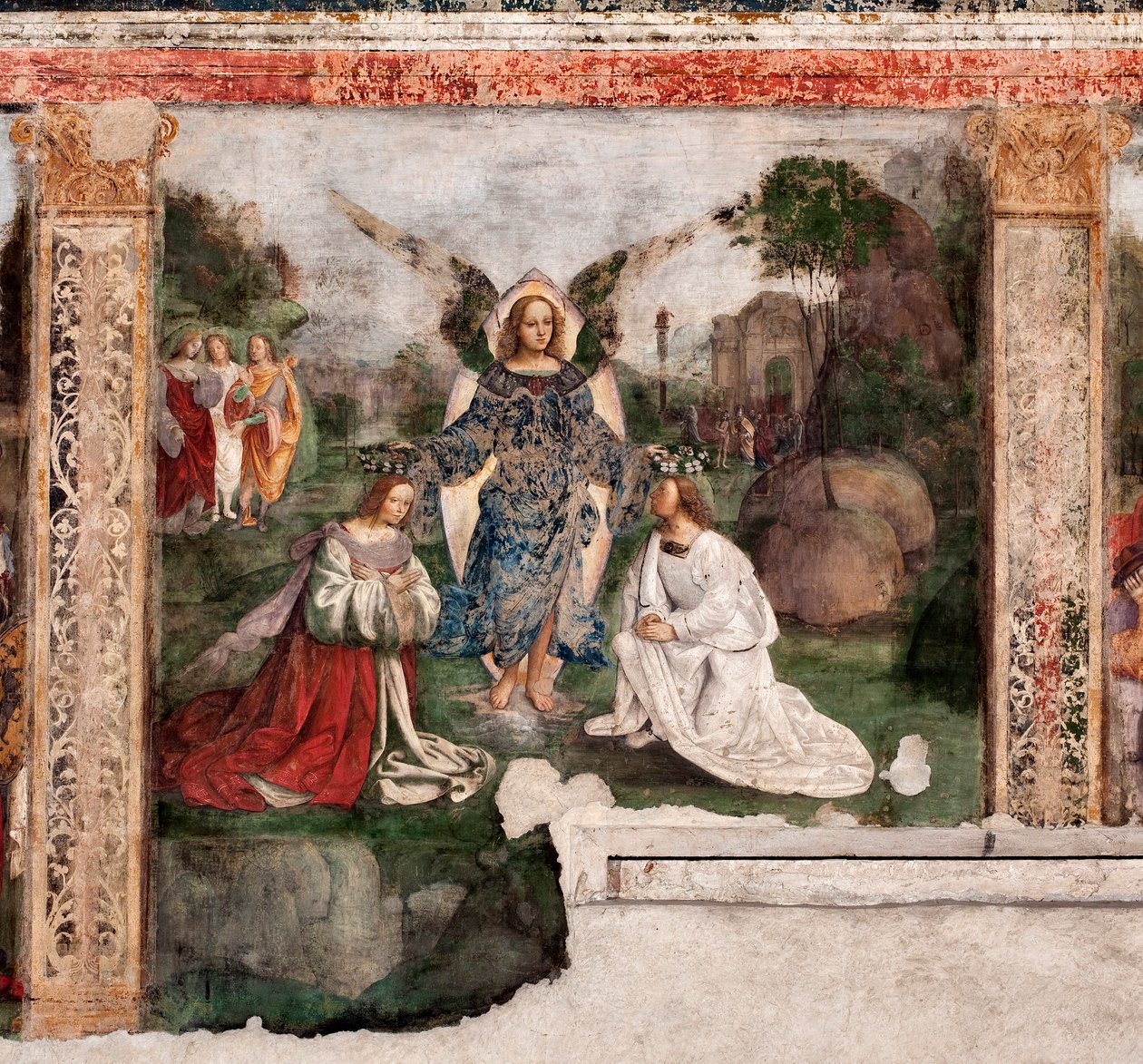 Życie św. Cecylii: świętego i św. Waleriana ukoronowanego przez anioła (Fresco autorstwa Lorenzo Costa