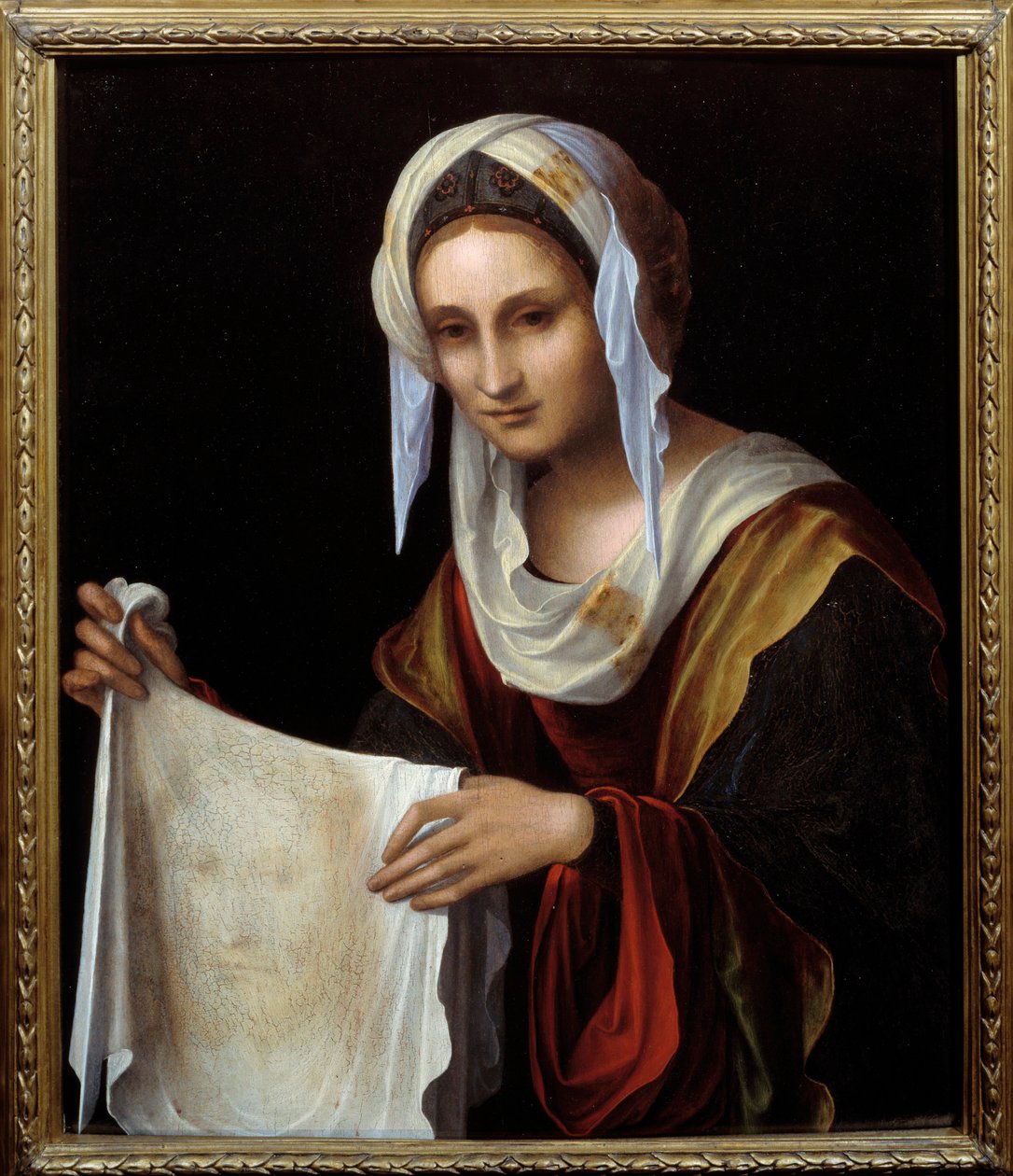 Święta Weronika. Święty Welon przedstawia oblicze Chrystusa, którego pot podobno pociła się Weronika podczas wspinaczki na Kalwarię. Obraz Lorenzo Costa (1460-1535) Nd. 0,64x0,54m² autorstwa Lorenzo Costa