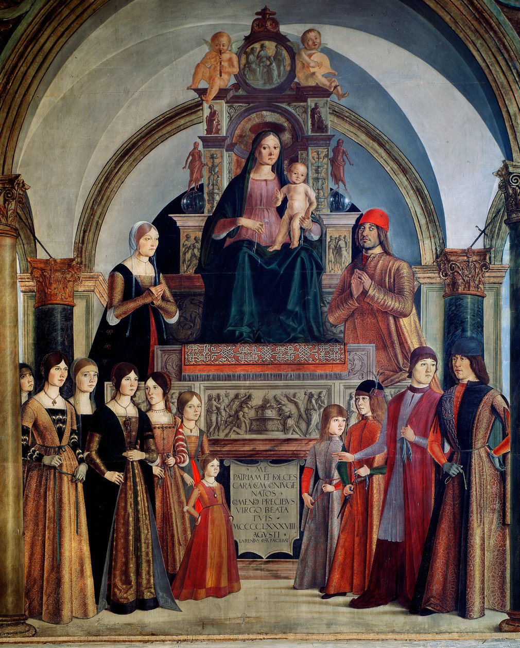 Dziewica z Bentivoglio Dziewica ma dziecko otoczone przez członków rodziny Bentivoglio. Obraz Lorenzo Costa (1460-1535) 1488 Bolonia, kościół San Giacomo Maggiore autorstwa Lorenzo Costa