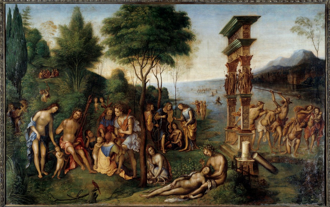 Władca Comus Comus, bóg radosnych uczt, czerpie z „Imagines” Filostrata. Po lewej przyjemności dozwolone oddzielone od przyjemności zakazanych. Na pierwszym planie historia miłości Dionizosa i frygijskiej najady Nikai. Malowanie przez L autorstwa Lorenzo Costa