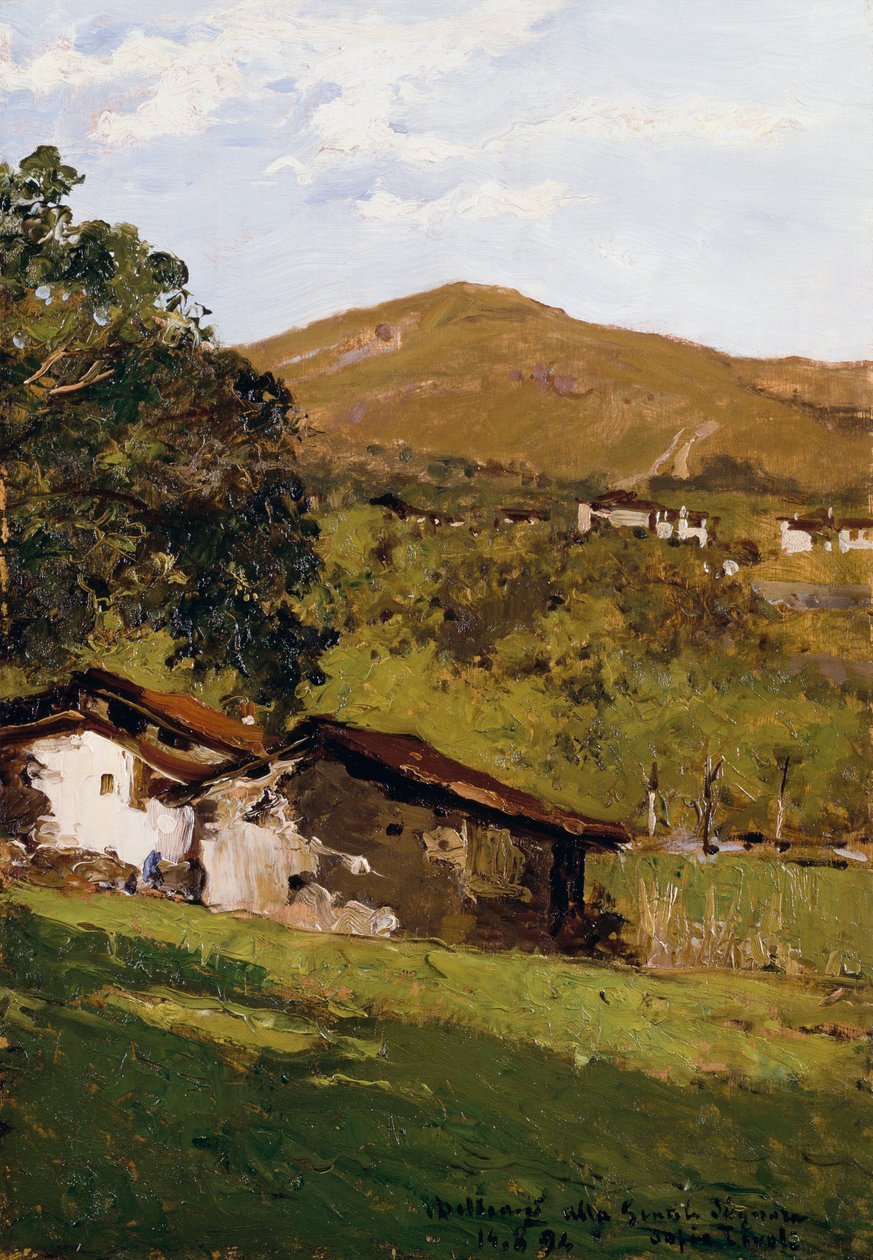 Gospodarstwa wiejskie wśród zieleni (Prealpy Biella), Lorenzo Delleani (1840-1908), olej na desce, 44,9x30,7 cm autorstwa Lorenzo Delleani