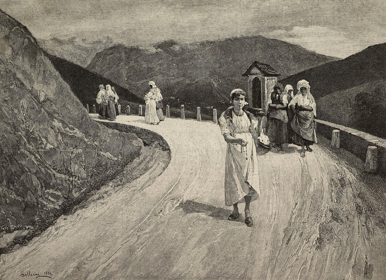 Na Świętej Drodze, pielgrzymka idąca ścieżką, Brera, United Expositions, Mediolan, Włochy, rycina F Cantagalli z obrazu Lorenza Delleaniego (1840-1908) z L