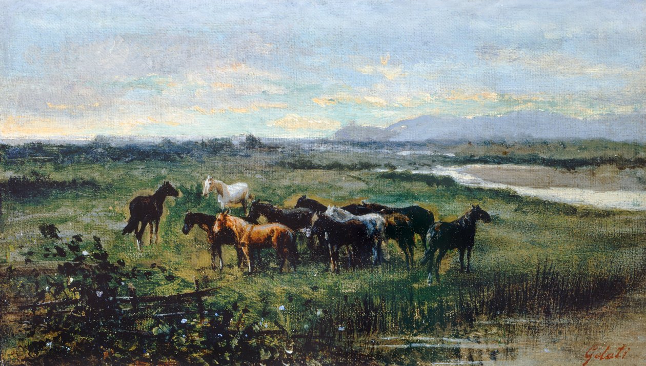 Dzikie konie, ok. 1870, autor: Lorenzo Gelati (1824-1893), olej na płótnie przeniesiony na panel, 21x37 cm autorstwa Lorenzo Gelati