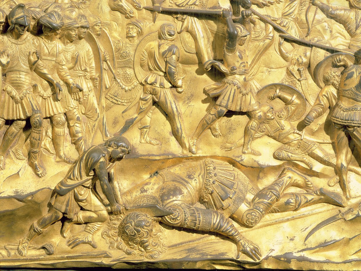 Dawid i Goliat, detal z oryginalnego panelu z wschodnich drzwi baptysterium, 1425-52 (brąz pozłacany) (po renowacji) autorstwa Lorenzo Ghiberti