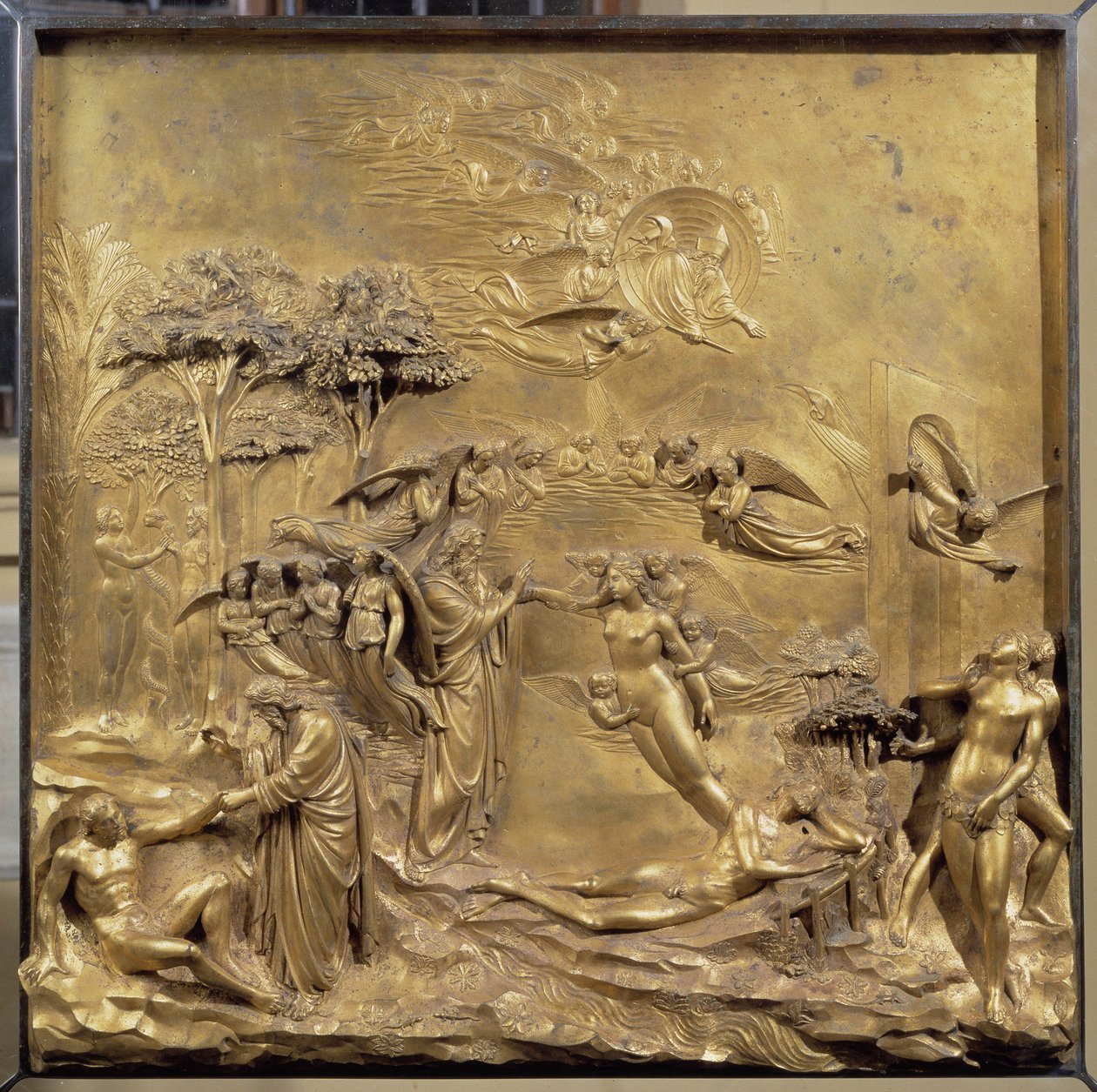 Historia życia Adama: narodziny Adama, stworzenie Ewy i Adama i Ewa poluje z Raju. Oryginalny panel drzwi Raju autorstwa Lorenzo Ghiberti