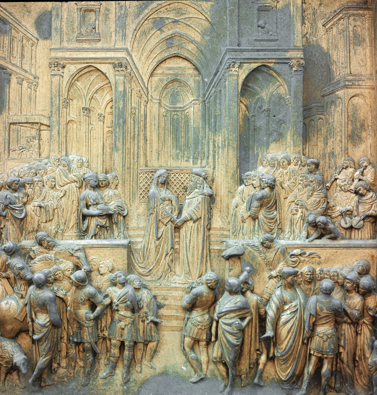 Król Salomon przyjmuje królową Saby w Niskiej Świątyni Płaskorzeźby Lorenzo Ghiberti (1378-1455) 1424-1452 Florencja, Brama Raju Baptistera autorstwa Lorenzo Ghiberti