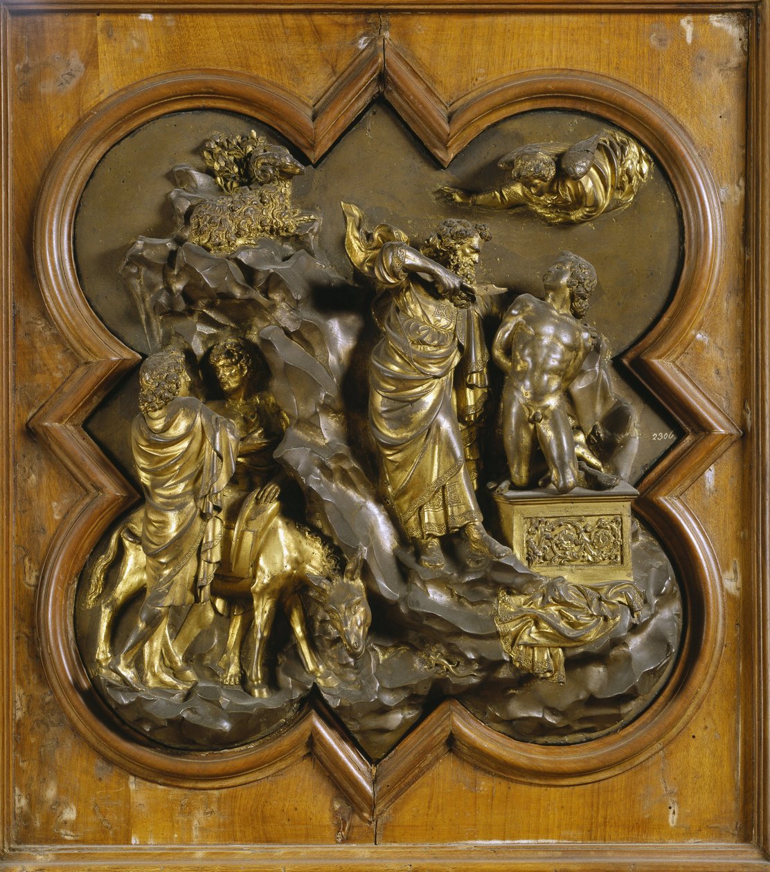 Ofiara Izaaka. Oryginalny panel Porte du Paradis (wschodnie drzwi baptysterium), po renowacji. Złoty brąz Lorenzo Ghiberti (1378-1455), 1425-52. Museo dell Bargello we Florencji. © Raffael / Leemage854 autorstwa Lorenzo Ghiberti