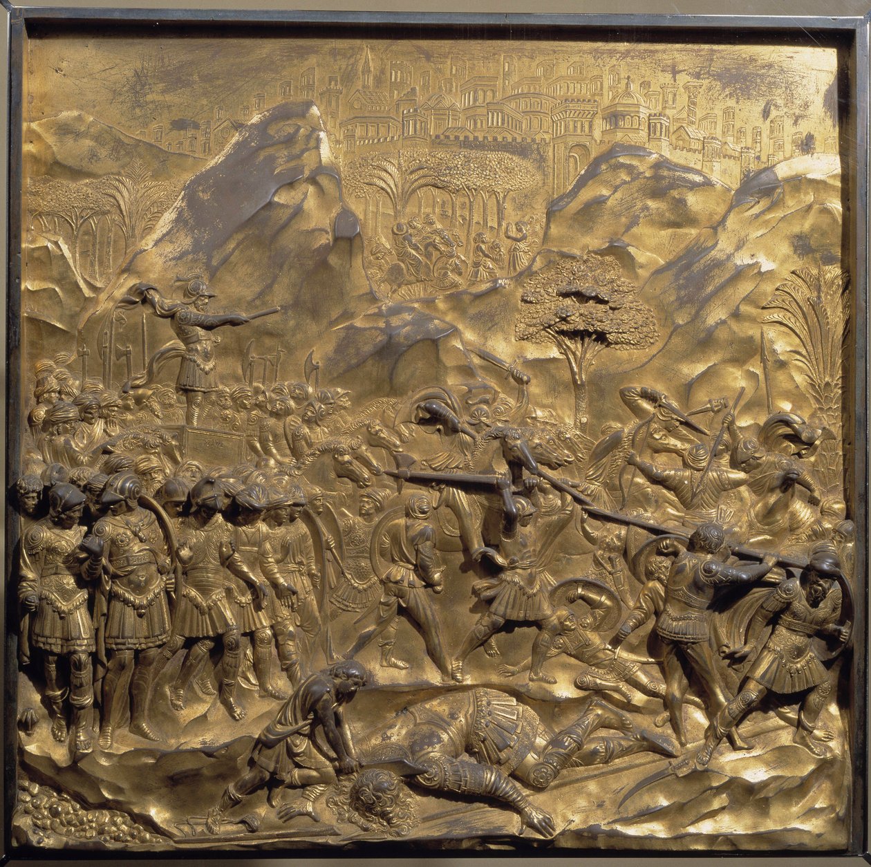 Życie Dawida i Goliata: przedstawienie bitwy między Izraelitami i Filistynami oraz ścięcie gigantycznego Goliata w dolinie Ela autorstwa Lorenzo Ghiberti
