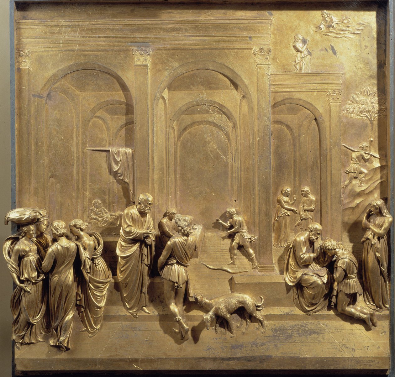 Życie Jakuba i Ezawa: Ezaw sprzedaje swoje pierworództwo, a Izaak błogosławi Jakuba. Oryginalny panel drzwi Paradise autorstwa Lorenzo Ghiberti