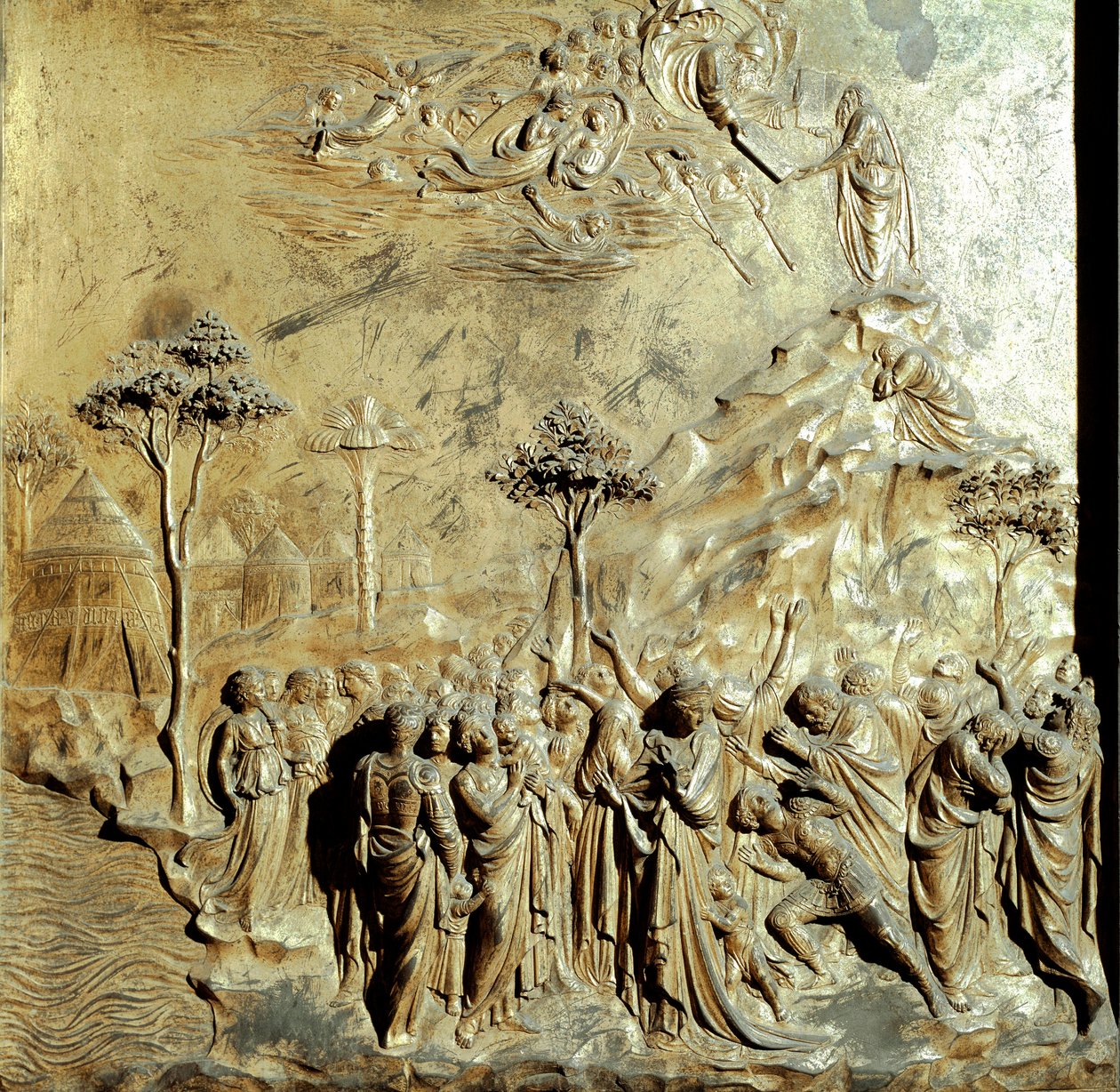 Mojżesz otrzymujący tablice prawa Oryginalny panel Bramy Raju (Wschodnia Brama Baptistere), po renowacji. Złoty brąz Lorenzo Ghiberti (1378-1455) autorstwa Lorenzo Ghiberti