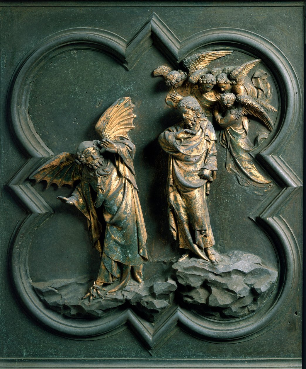 Brama Północna (na północy zwana Bramą Krzyża), detal zewnętrzny: „Kuszenie Chrystusa” Rzeźba z brązu wykonana przez Lorenzo Ghiberti (1378-1455) autorstwa Lorenzo Ghiberti