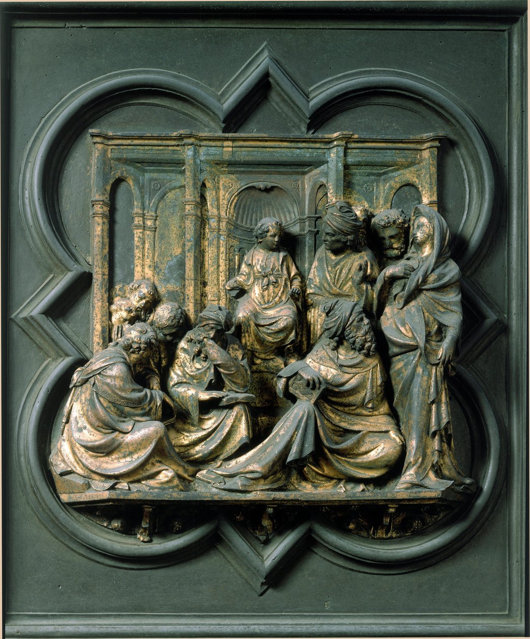 Brama Północna (zwana Bramą Krzyża, od strony północnej), detal zewnętrzny: Jezus wśród lekarzy. Rzeźba z brązu wykonana przez Lorenzo Ghiberti (1378-1455) autorstwa Lorenzo Ghiberti