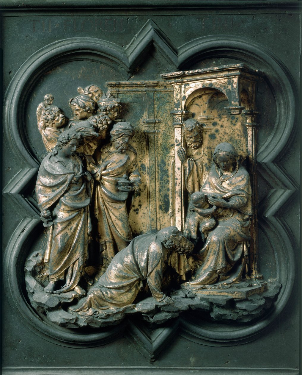 Porta Północna (zwana Bramą Krzyżową od strony północnej), detal zewnętrzny: Pokłon Trzech Króli. Rzeźba z brązu wykonana przez Lorenzo Ghiberti (1378-1455) autorstwa Lorenzo Ghiberti