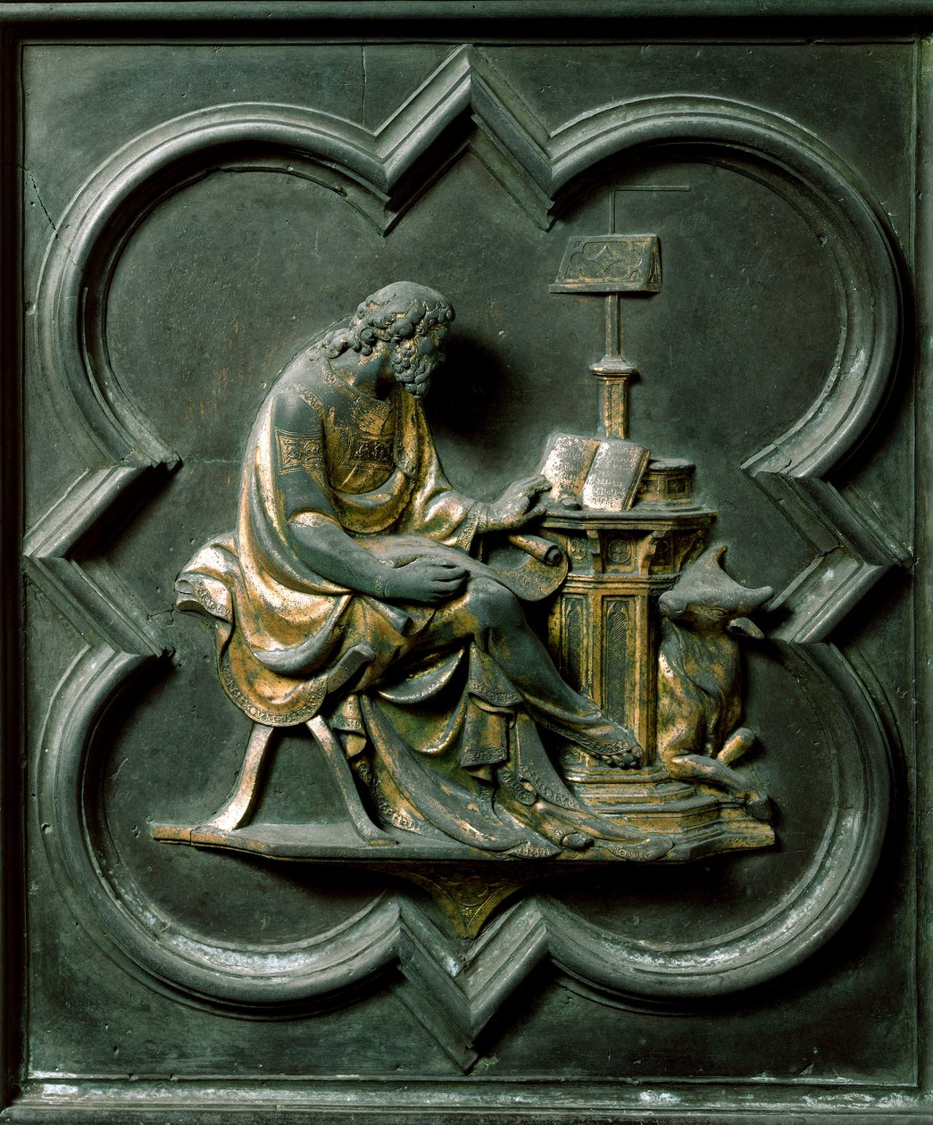 Porta Północna (zwana Bramą Krzyżową od strony północnej), detal zewnętrzny: św. Łukasz ewangelista. Rzeźba z brązu wykonana przez Lorenzo Ghiberti (1378-1455) autorstwa Lorenzo Ghiberti
