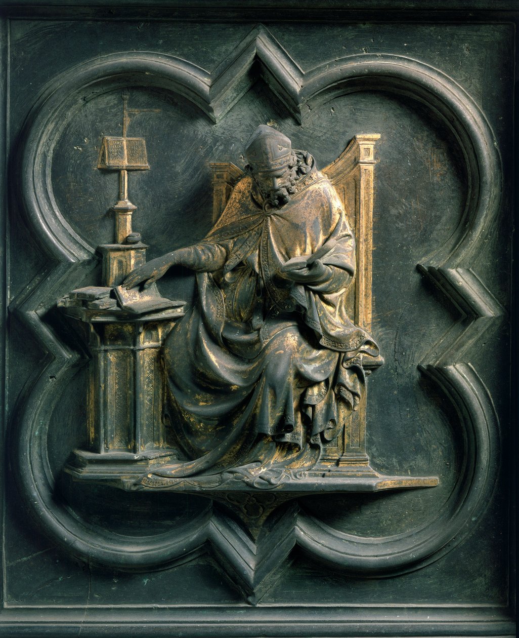 North Porte (zwana Porte de la Croix, północ), detal zewnętrzny: Saint Ambrose. Rzeźba z brązu wykonana przez Lorenzo Ghiberti (1378-1455) autorstwa Lorenzo Ghiberti