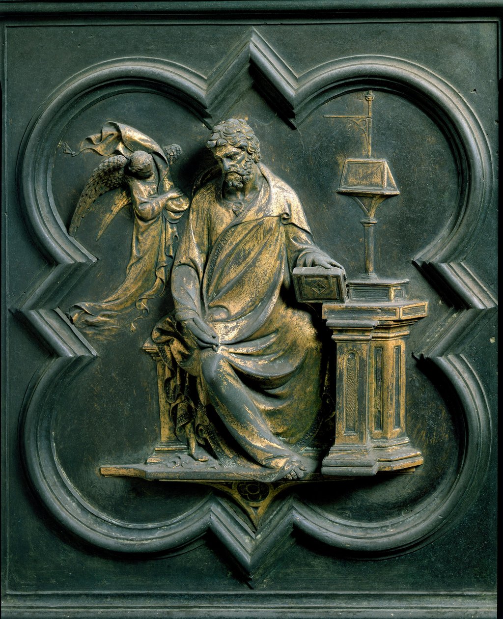 Porte Północnej (zwanej Porte de la Croix, na północy), detal zewnętrzny: Saint Mathieu. Rzeźba z brązu wykonana przez Lorenzo Ghiberti (1378-1455) autorstwa Lorenzo Ghiberti