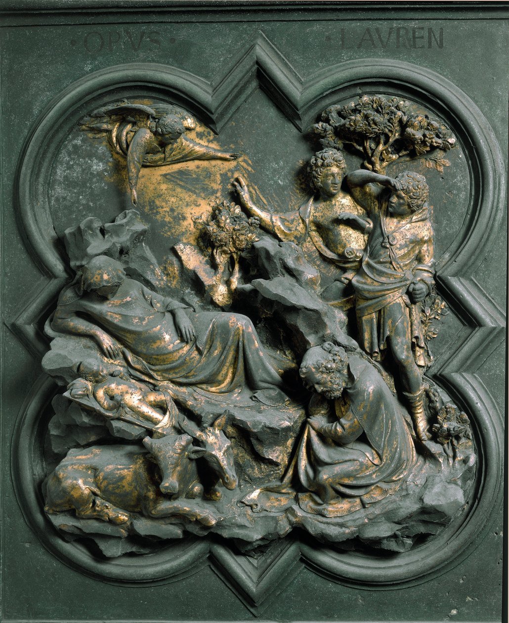 North Porte (na północy zwana Porte de la Croix), detal zewnętrzny: Nativite. Rzeźba z brązu wykonana przez Lorenzo Ghiberti (1378-1455) autorstwa Lorenzo Ghiberti