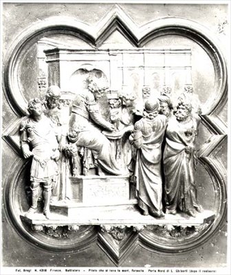 Poncjusz Piłat myjący ręce, płaskorzeźba z drzwi baptysterium, ok. 1403 (złocony brąz) (zdjęcie czarno-białe) autorstwa Lorenzo Ghiberti
