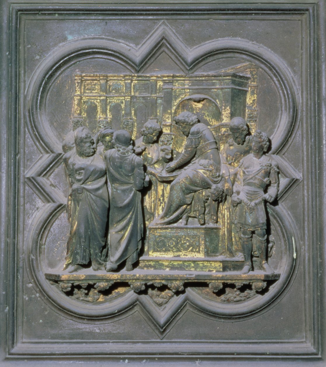 Poncjusz Piłat myjący ręce przed Chrystusem, szesnasty panel drzwi północnych baptysterium San Giovanni, 1403-24 (brąz) autorstwa Lorenzo Ghiberti
