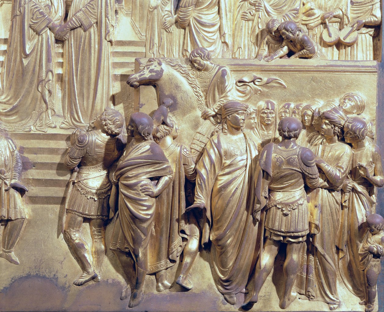 Spotkanie króla Salomona i królowej Saby, szczegół uczestników, z oryginalnego panelu ze wschodnich drzwi baptysterium, 1425-52 odrestaurowanie pozłacanego brązu autorstwa Lorenzo Ghiberti